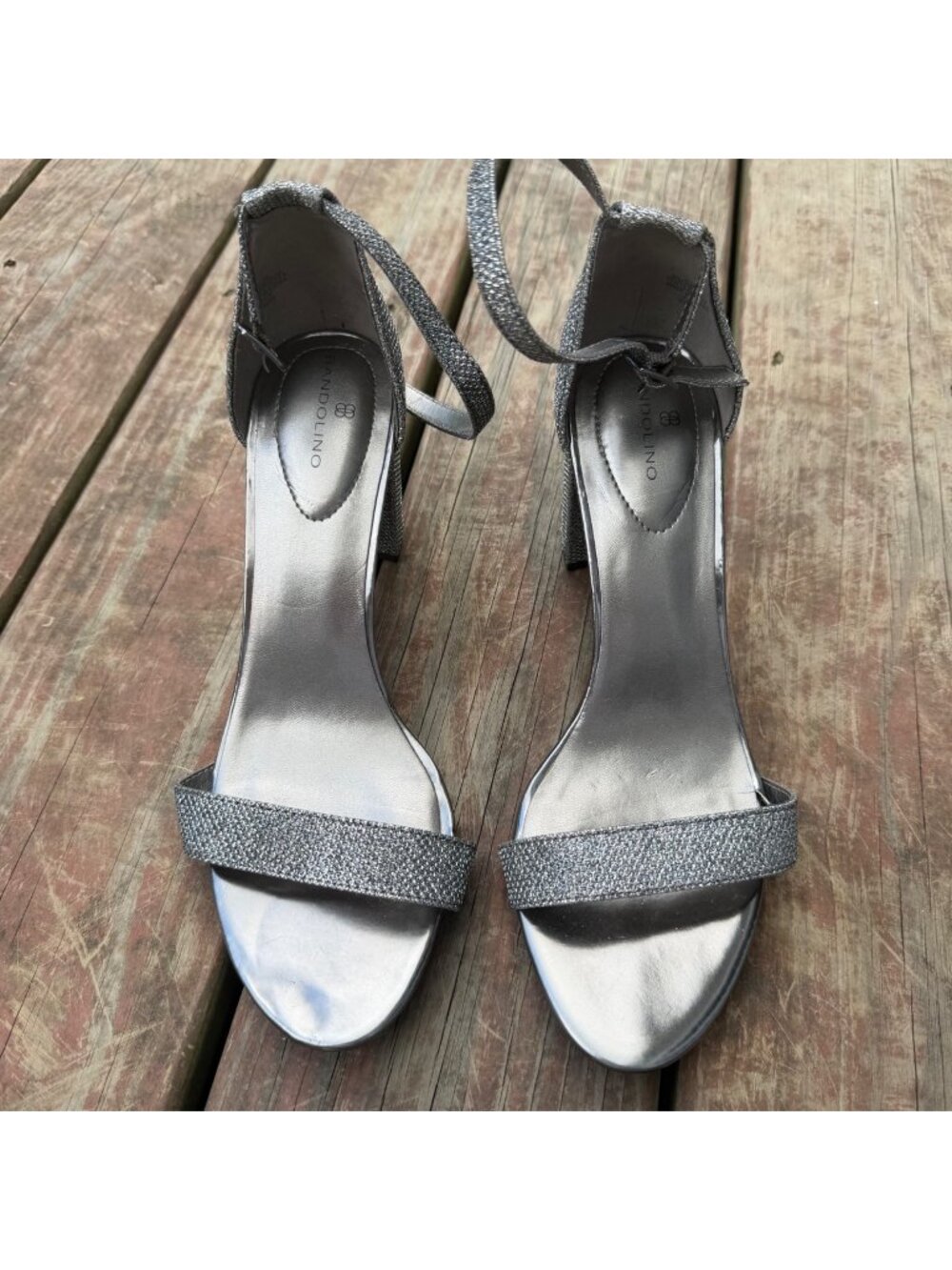 Bandolino Silver Glitter Open-Toe Block Heel Sandals With Ankle Strap – Size 9M